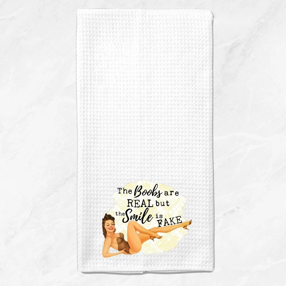 Vintage Pinup Girl Waffle Weave Kitchen Towel White Funny Retro Dish Cloth
